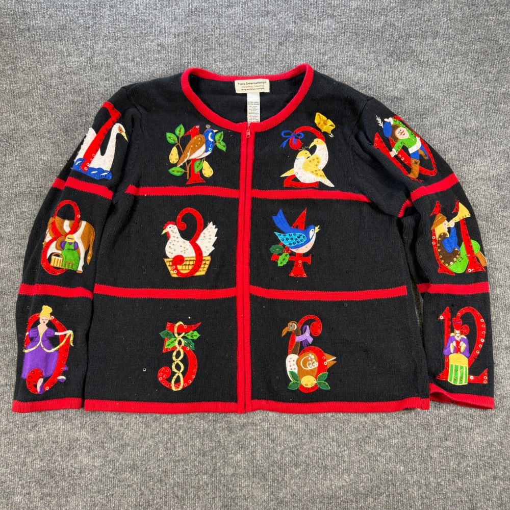 Vintage Tiara International 12 Days of Christmas Ramie Cotton Black XL Kitsch